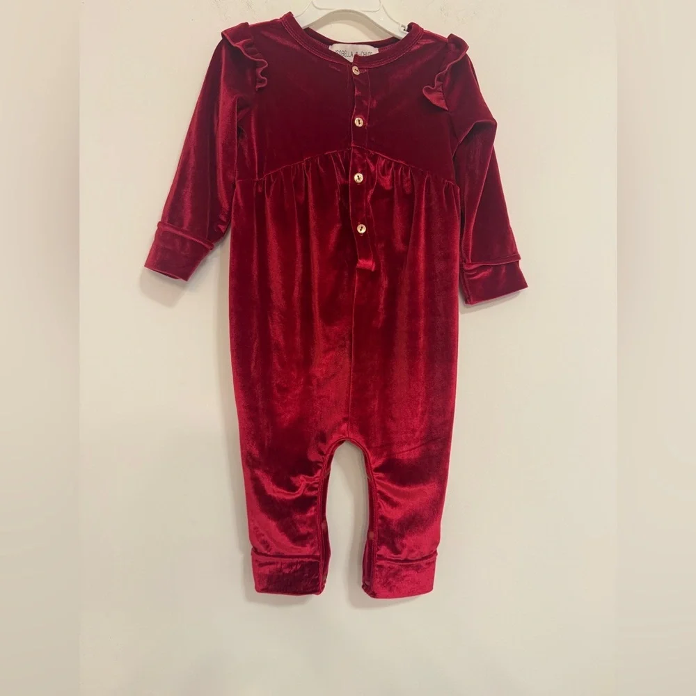 Isobella & Chloe Red Velour  Baby One Piece Holiday  Outfit